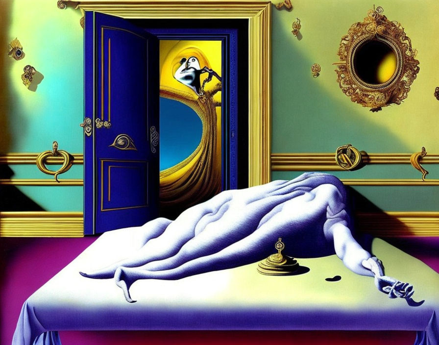 Surrealist painting with floating figure, bell, mirror, distorted room