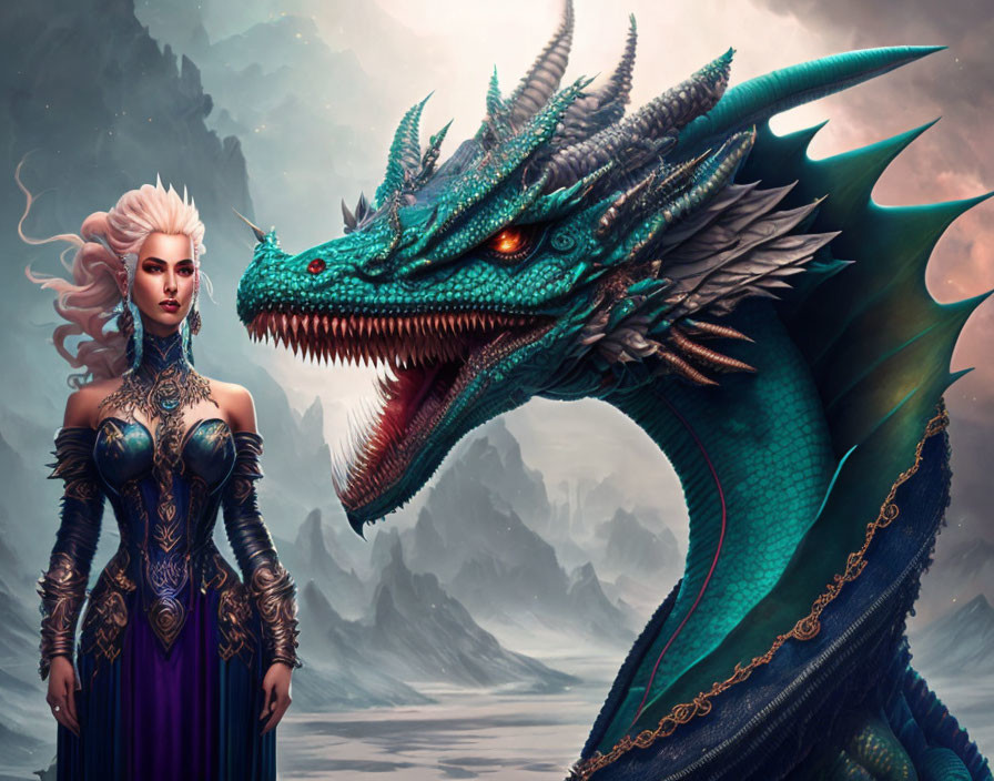 Fantasy illustration of white-haired woman in dark armor with green dragon in mystical landscape