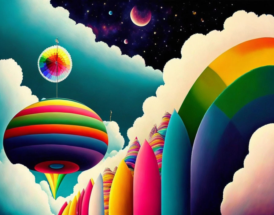Fantasy landscape with planet balloons, Ferris wheel, crayon-shaped structures
