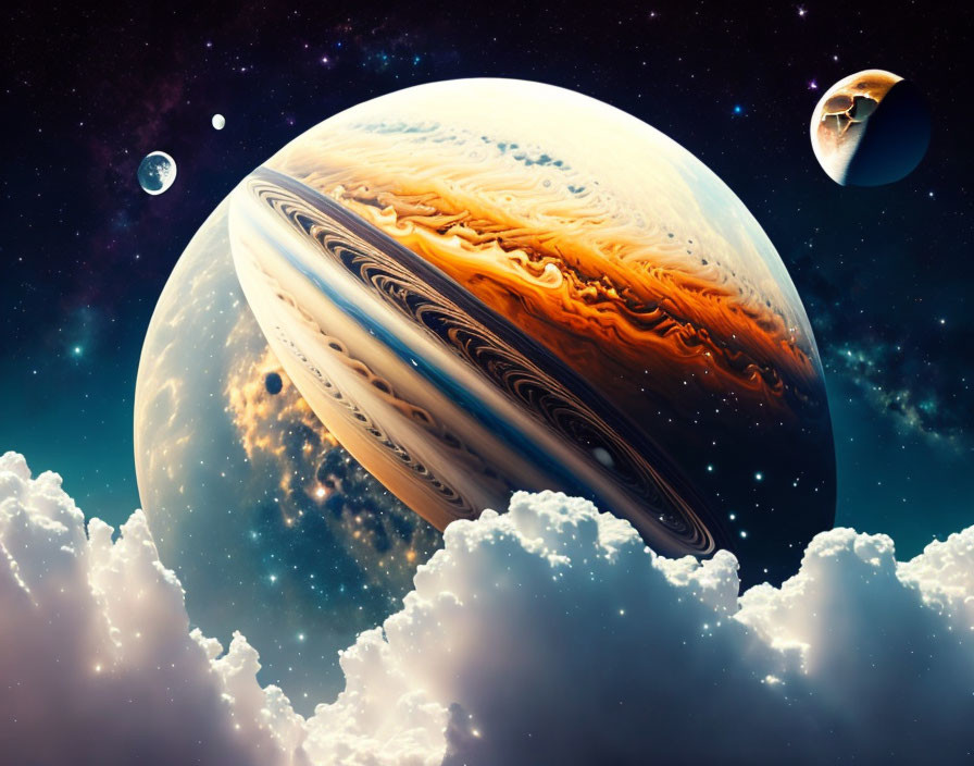 Detailed digital artwork of Jupiter in space with cloudscape and planets