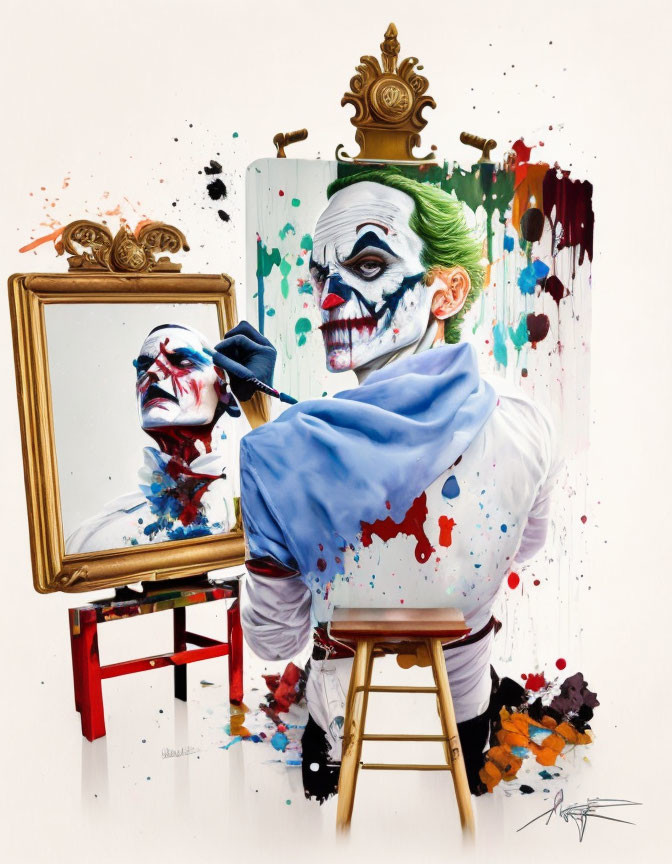Artist painting Joker-themed portrait with colorful splatters on canvas