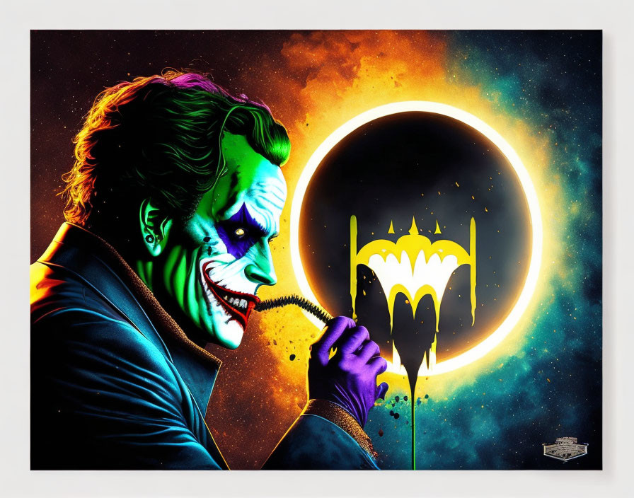Colorful Joker Artwork with Sinister Smile and Batman Balloon in Cosmic Setting
