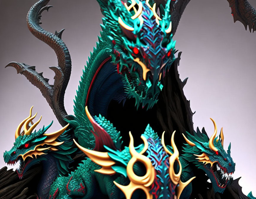 Three-headed dragon digital art with blue, green scales, red eyes, and fiery orange accents