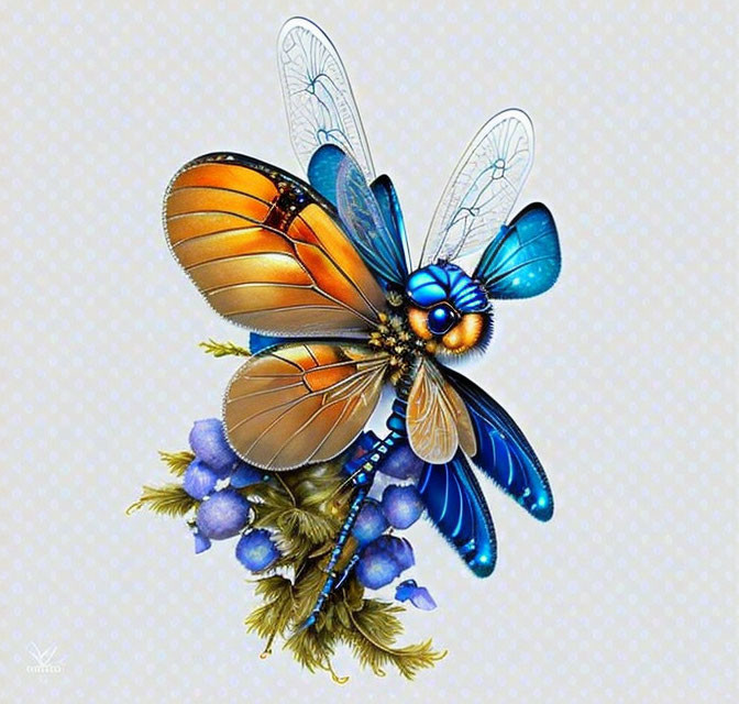 Stylized butterfly illustration with vibrant orange and blue wings on blueberries
