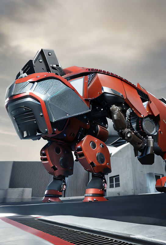 Red and Black Armored Robot on Road Under Cloudy Sky