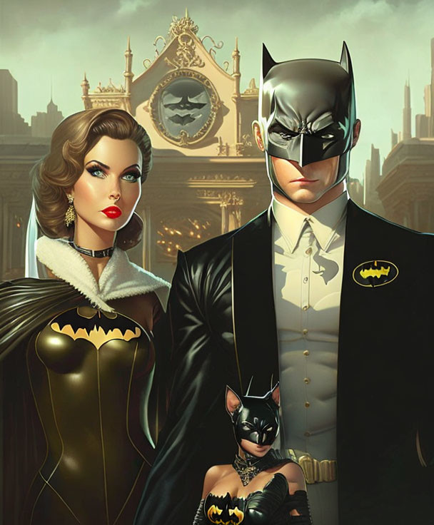 Illustration of man and woman in formal attire with Batman and Catwoman masks in luxurious room.