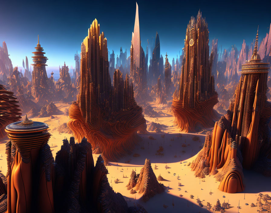 Fantastical desert landscape with towering rock formations and clock-towered buildings
