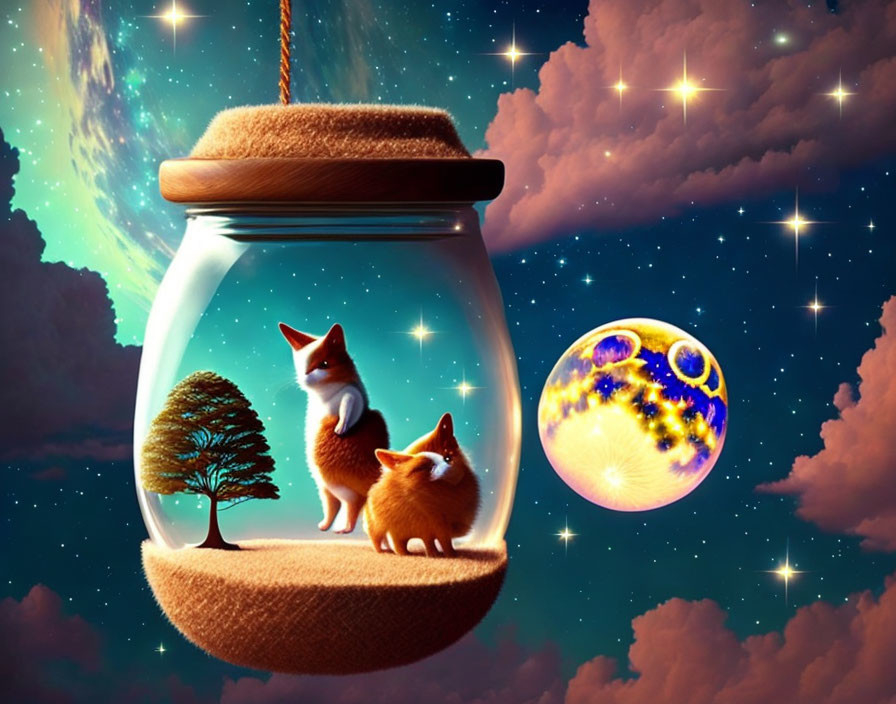 Two foxes in jar with tree under starry sky & colorful planet.