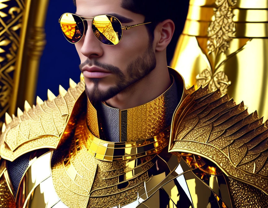Stylized image of man in golden sunglasses and ornate armor