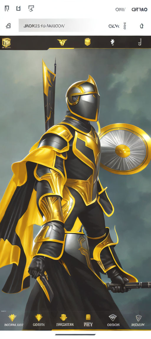 Golden-armored knight with spear and shield on gray background with symbols