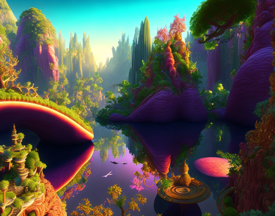 Colorful fantasy landscape with tall purple trees, lush greenery, and reflective water.
