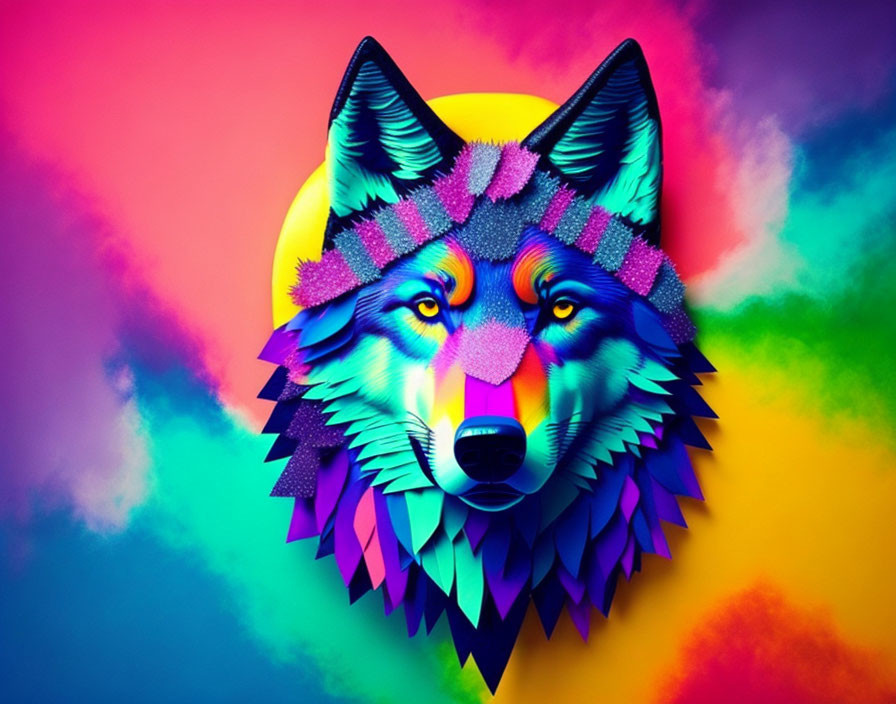 Colorful Geometric Wolf Face Art on Gradient Background