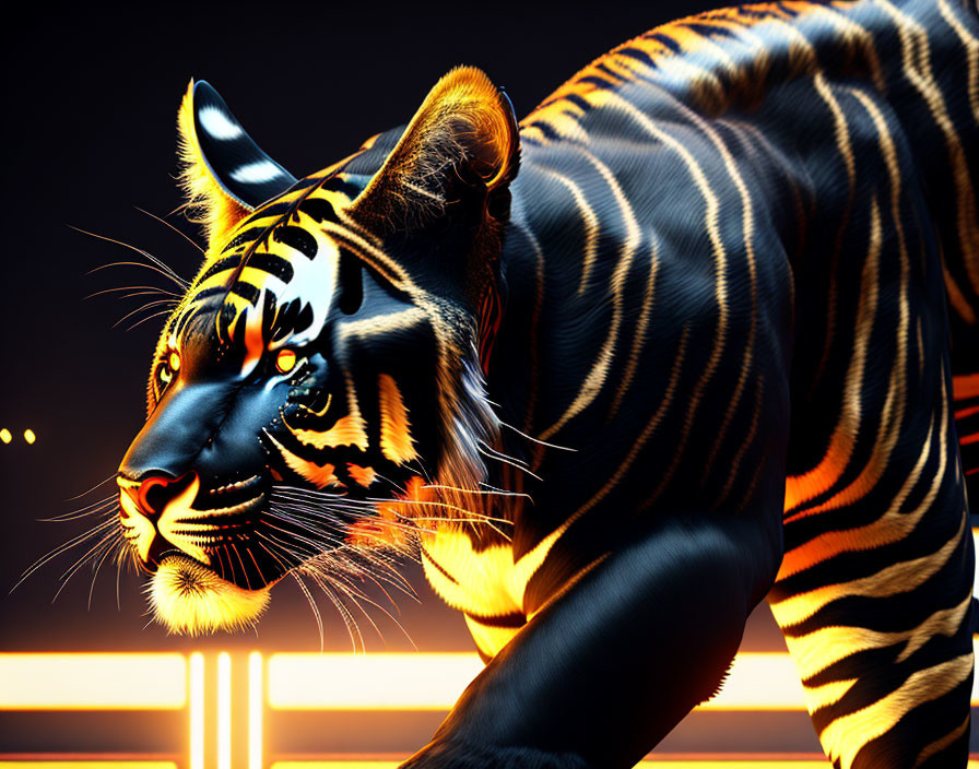 Sleek Cybernetic Tiger 3D Render with Neon Lights