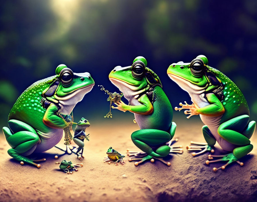Whimsical frogs with human characteristics conversing and holding a chain.