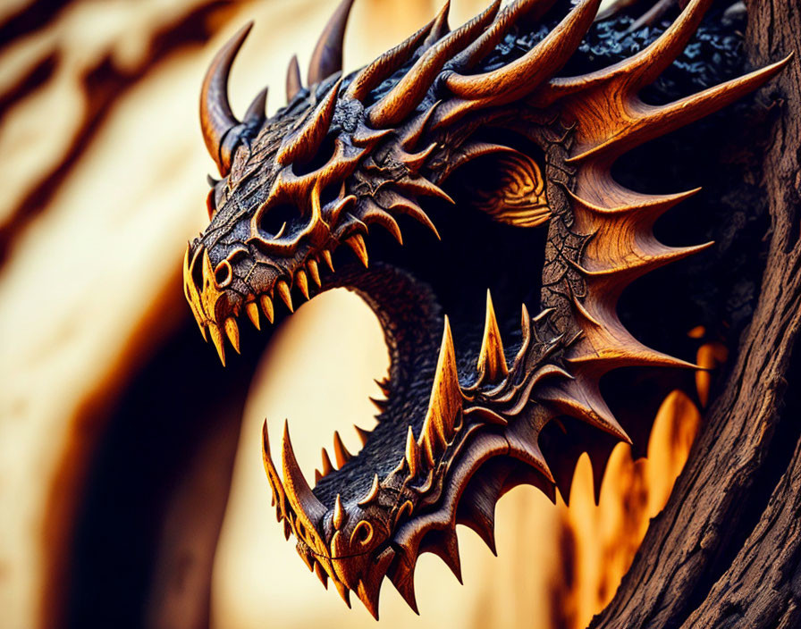 Detailed Wooden Dragon Sculpture with Intricate Scales and Fierce Expression