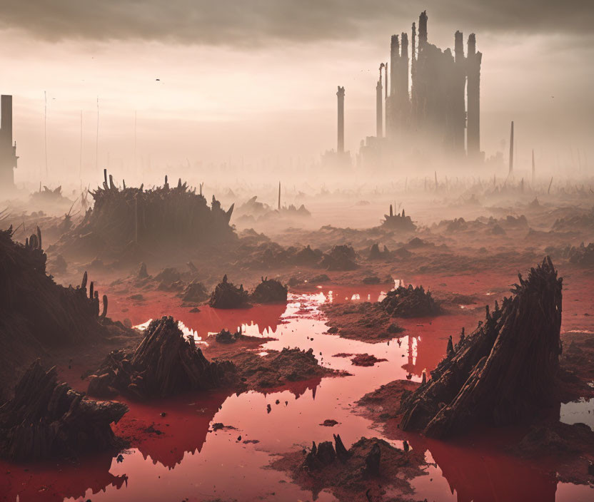 Desolate apocalyptic landscape with red skies and ruins