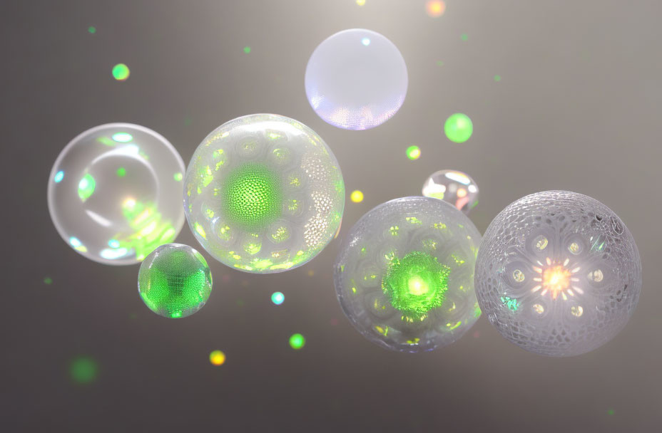 Intricate Green Patterns Inside Transparent Bubbles on Gray Background