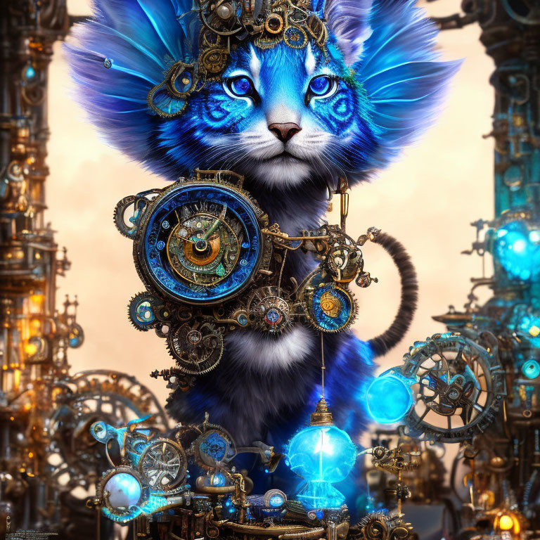 Steampunk blue cat with clockwork details and glowing orbs on gear-filled background
