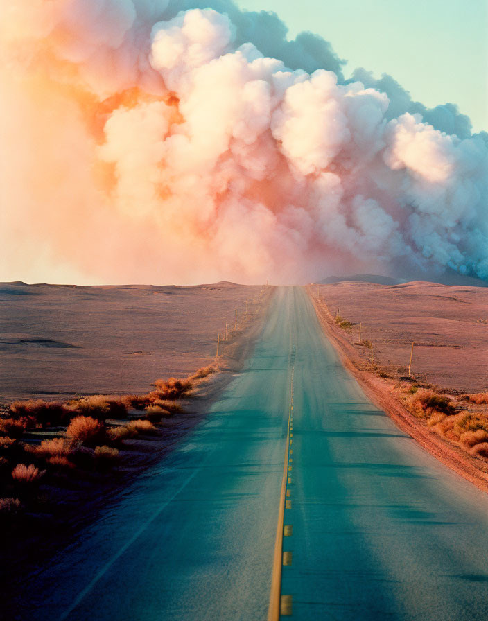 Deserted two-lane highway with massive smoke cloud on horizon