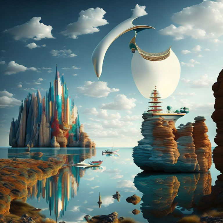 Surreal landscape with crystal formations, moon-like object, sea, boats, clear sky
