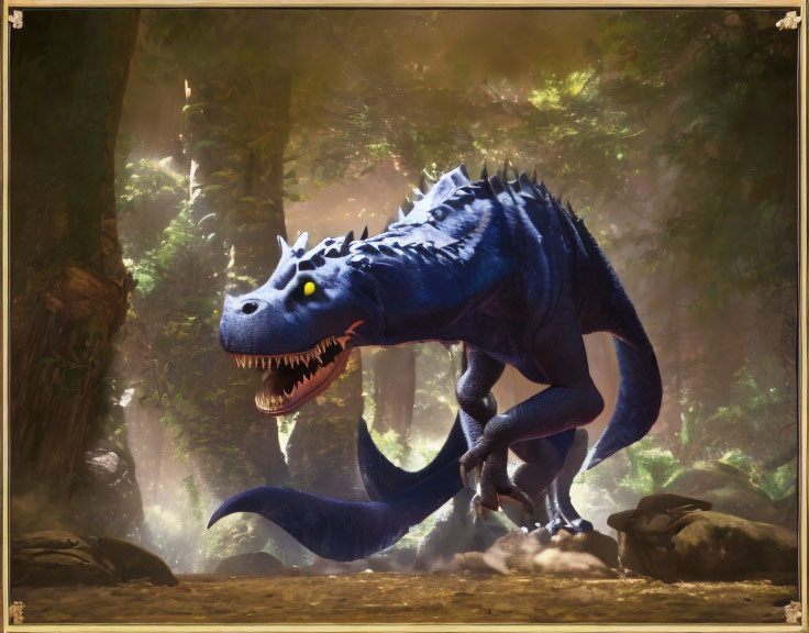 Blue dragon with yellow eyes in sunlit forest clearing