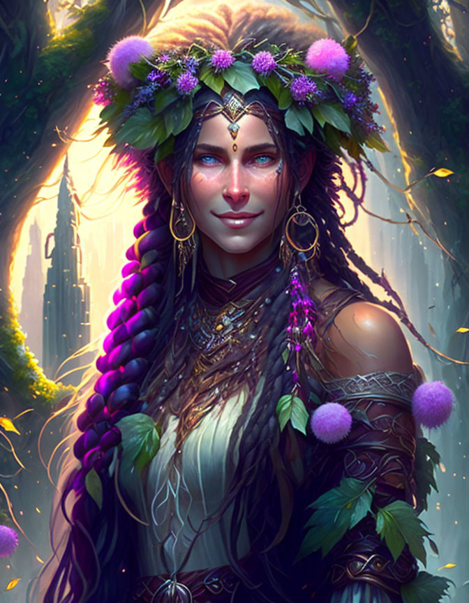 Mystical woman with blue eyes and floral crown in enchanted forest.