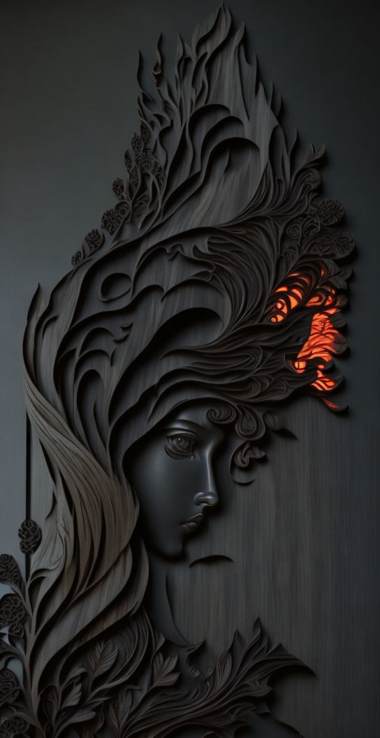 Intricate wooden carving of woman's face with floral hair design