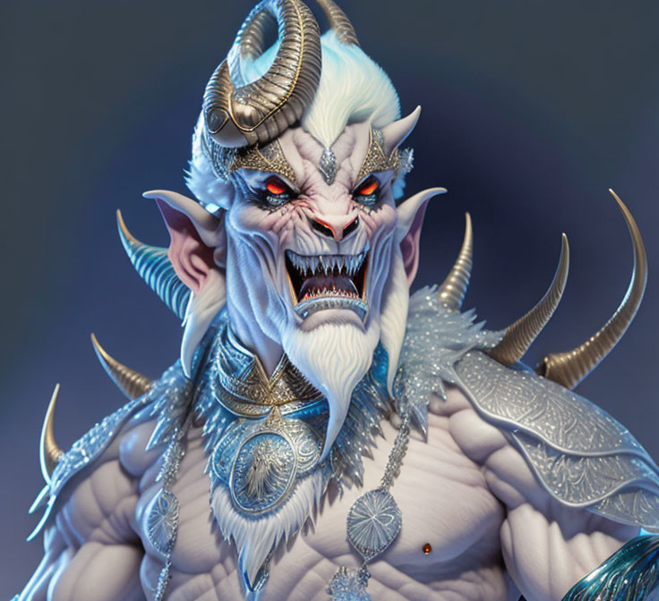 Fantasy creature with horns, sharp teeth, white hair, and ornate armor.