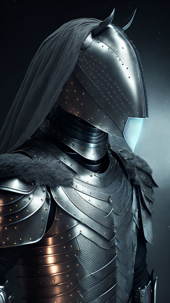 Detailed Knight in Armor with Fur Shoulder Piece Against Starry Night Sky