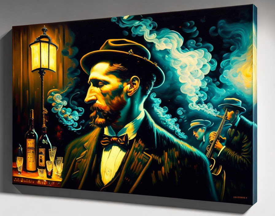 Vibrant painting featuring man with hat, saxophone, lantern, and bar scene