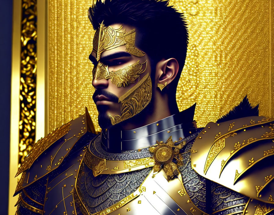 Regal Figure in Golden Mask and Armor on Ornate Background