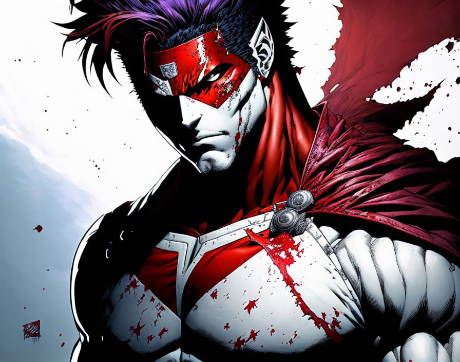 Masked superhero with red eye mask and purple hair, torn cape, muscular build, on black and