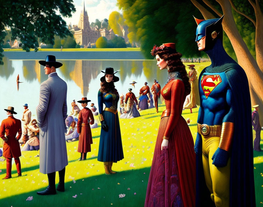 Superheroes in classical painting style with Batman, Superman, and Wonder Woman in 19th-century attire