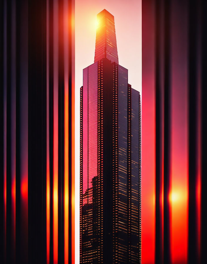 Sunset view of skyscraper through vertical blinds with warm orange glow