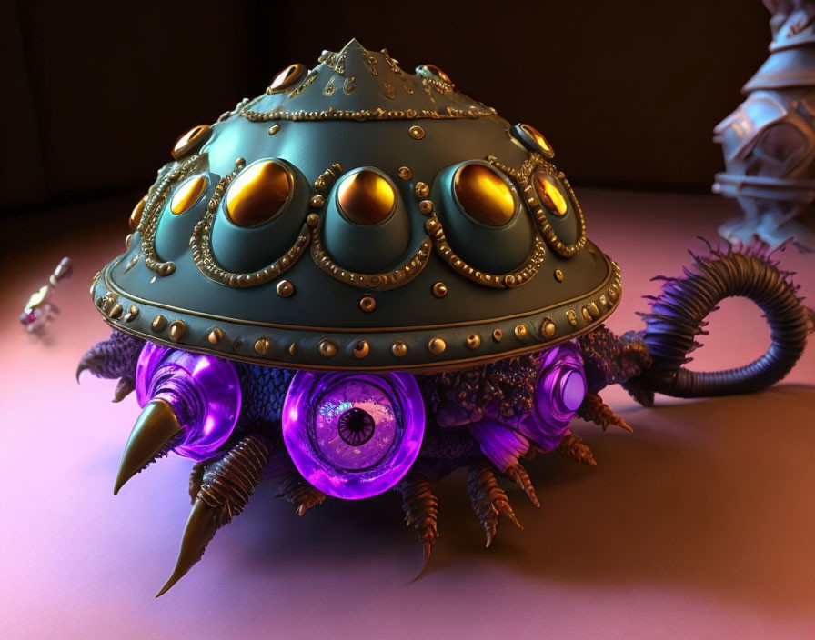 3D-rendered mechanical turtle with golden accents and glowing purple underbelly
