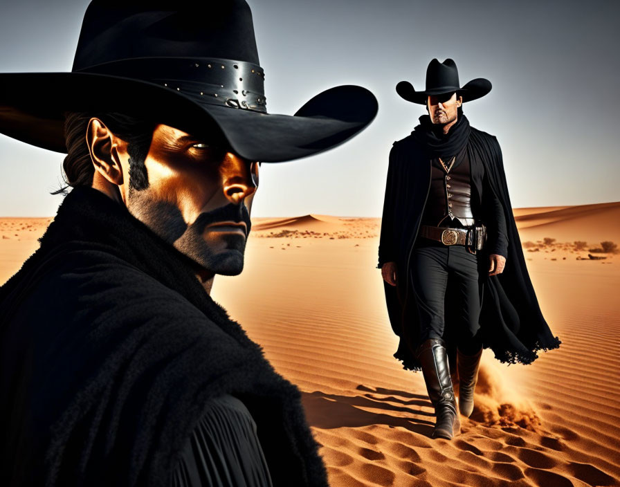 Two cowboys in the desert: one close-up, one in the background