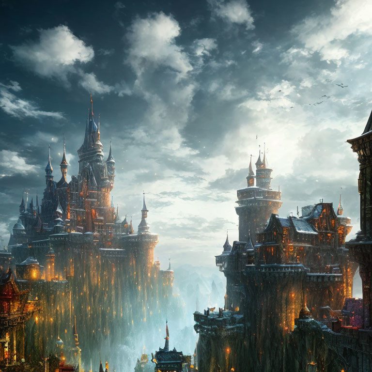 Mystical city with grand castles in the clouds at sunset