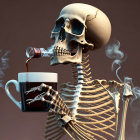 Skeleton holding steaming coffee cup on brown background