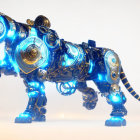 Intricate Mechanical Tiger Sculpture with Blue Lights