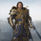 Figure in ornate golden and blue armor with powerful stance and cloak
