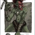 Green-skinned orc in armor with tusks, red eyes, and mace.