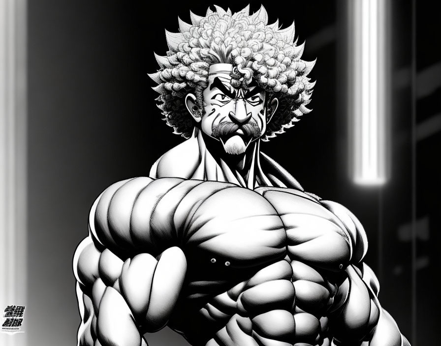 Muscular man with wild curly hair, scars, and intense expression in monochrome drawing