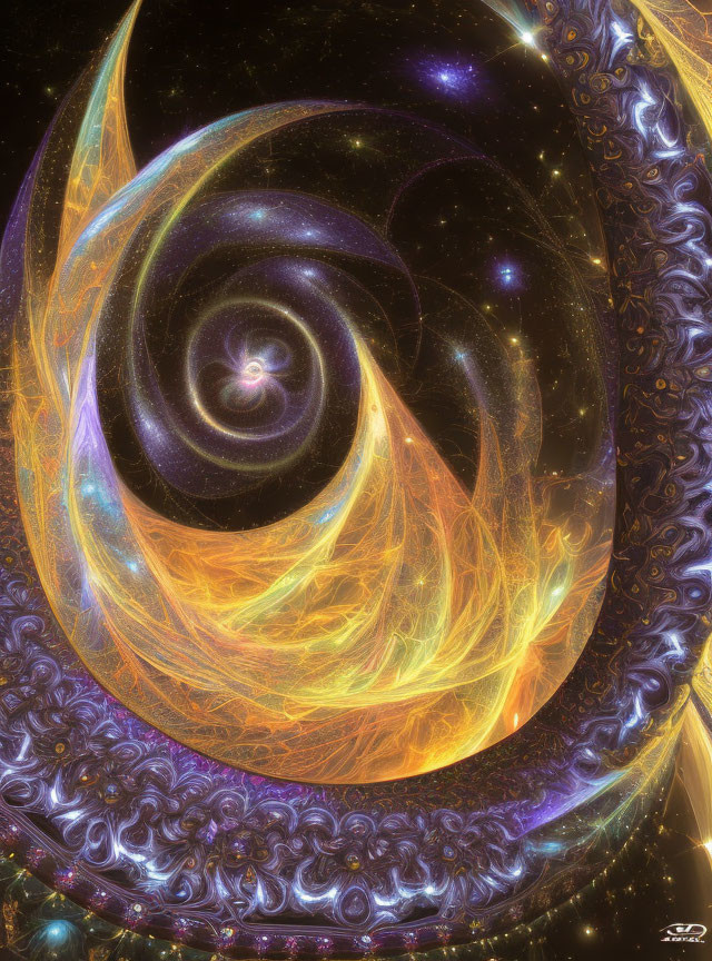 Colorful fractal art: Golden and purple galaxy spiral on starry background