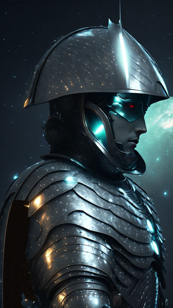 Futuristic knight in glowing armor with high-tech helmet on starry backdrop