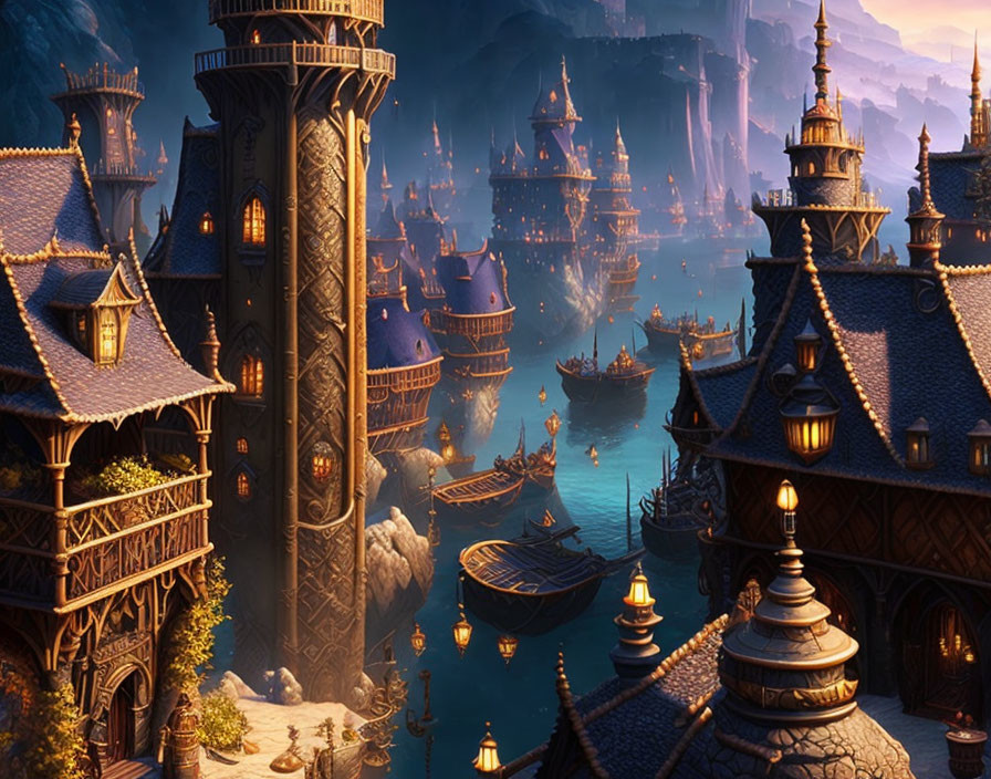 Medieval Fantasy Cityscape at Twilight by the Sea
