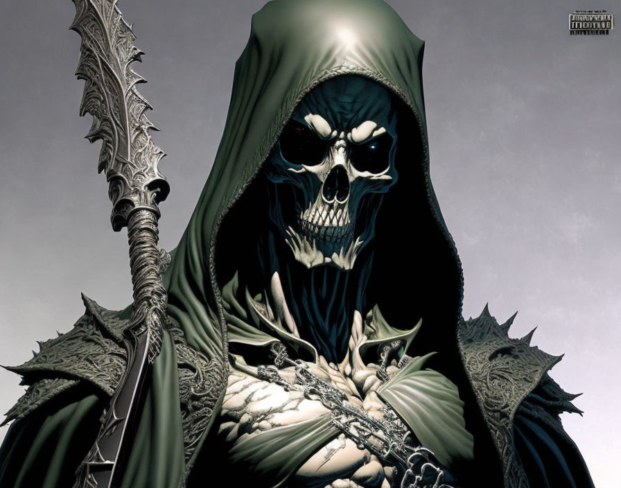 Dark hooded cloak with spiked pauldron, skeletal figure holding staff with chained skull and blade