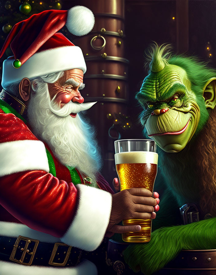 Santa Claus and the Grinch holding beer glasses in festive attire