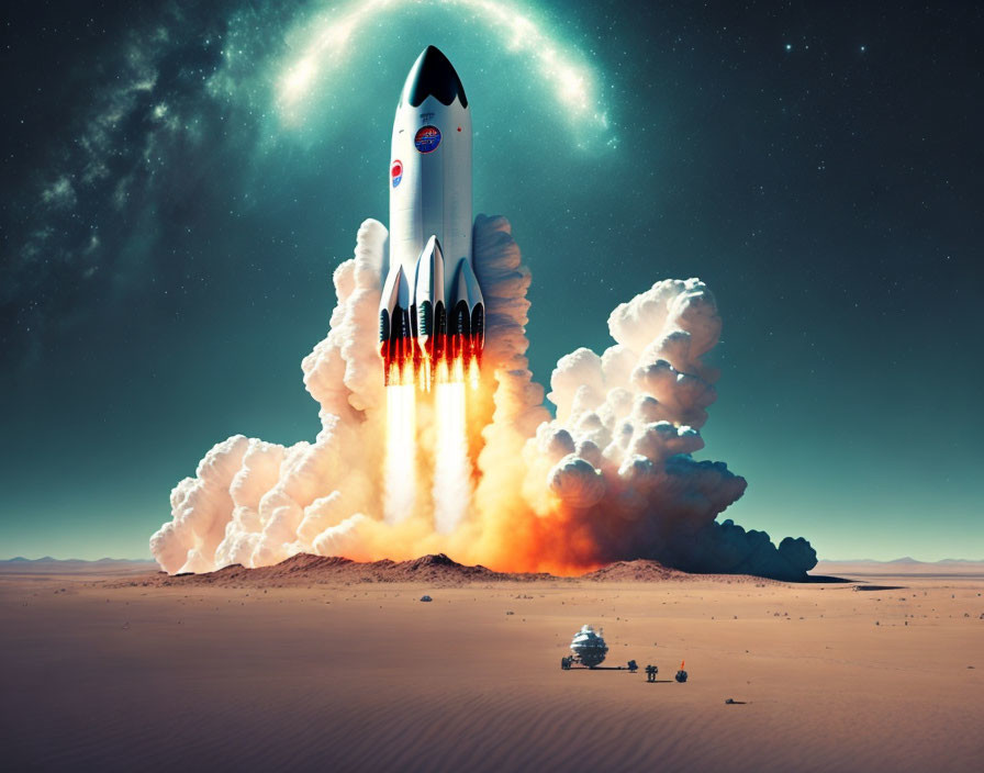 Rocket launching into starry sky over barren desert landscape