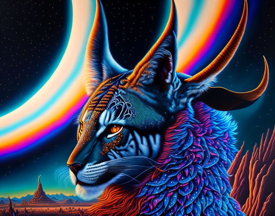 Colorful digital artwork: Lynx-headed creature in cosmic setting with temple.
