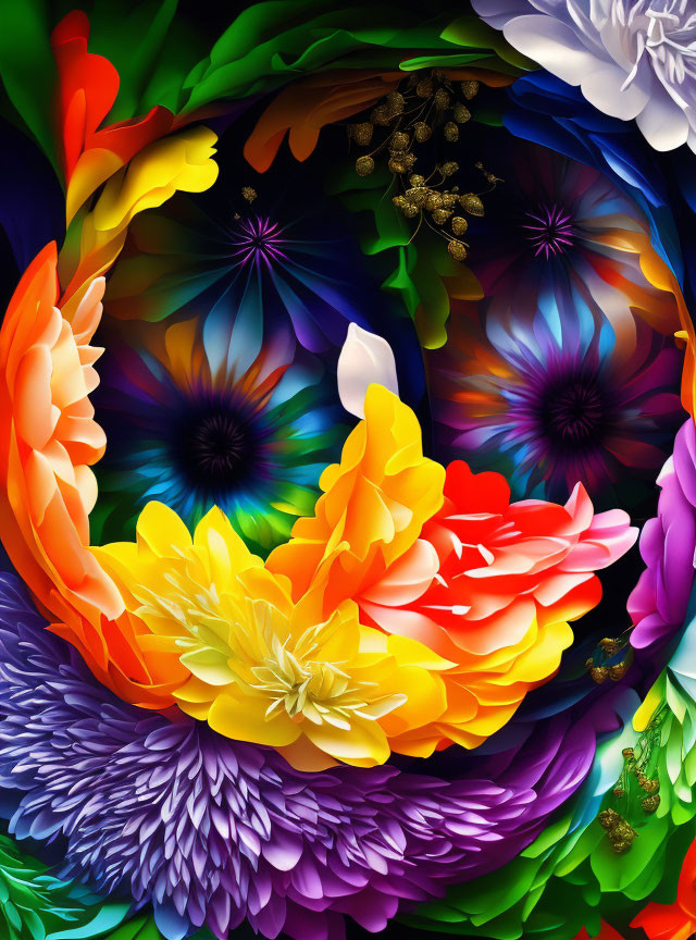 Colorful Stylized Flower Artwork on Dark Radiating Background